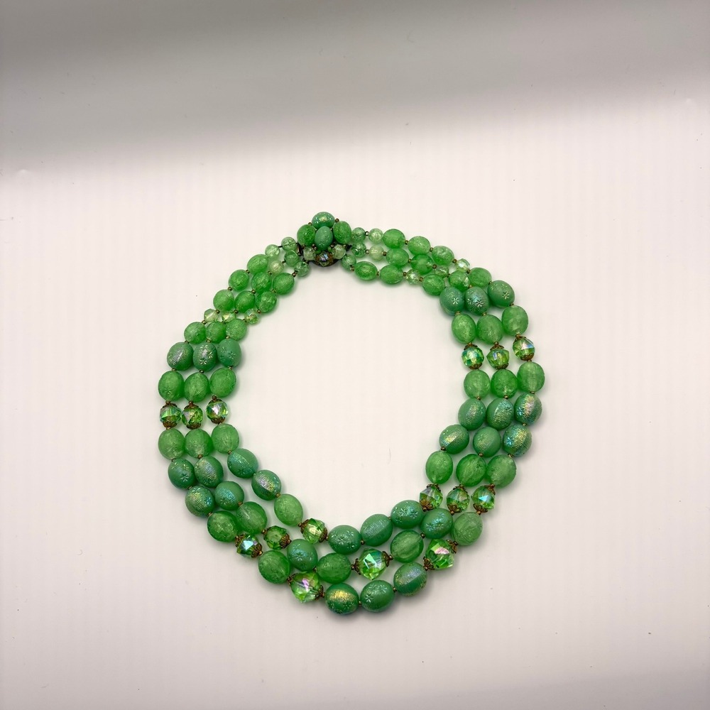 Vintage 1950s‎ Green Sugar Bead Triple Strand Necklace Aurora Borealis Crystal